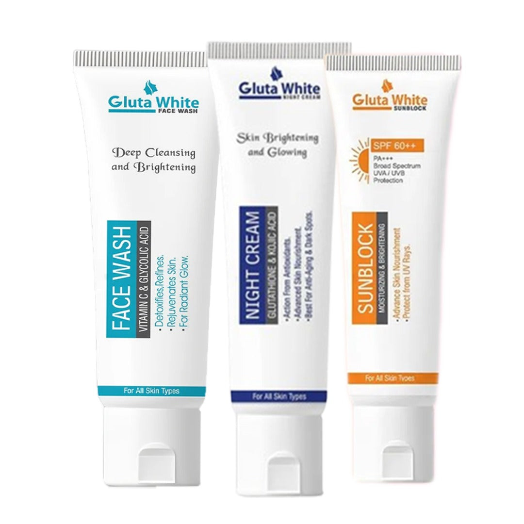 Gluta White 3 in 1 Kit | Gluta White cream + Facewash + Sunblock SPF60